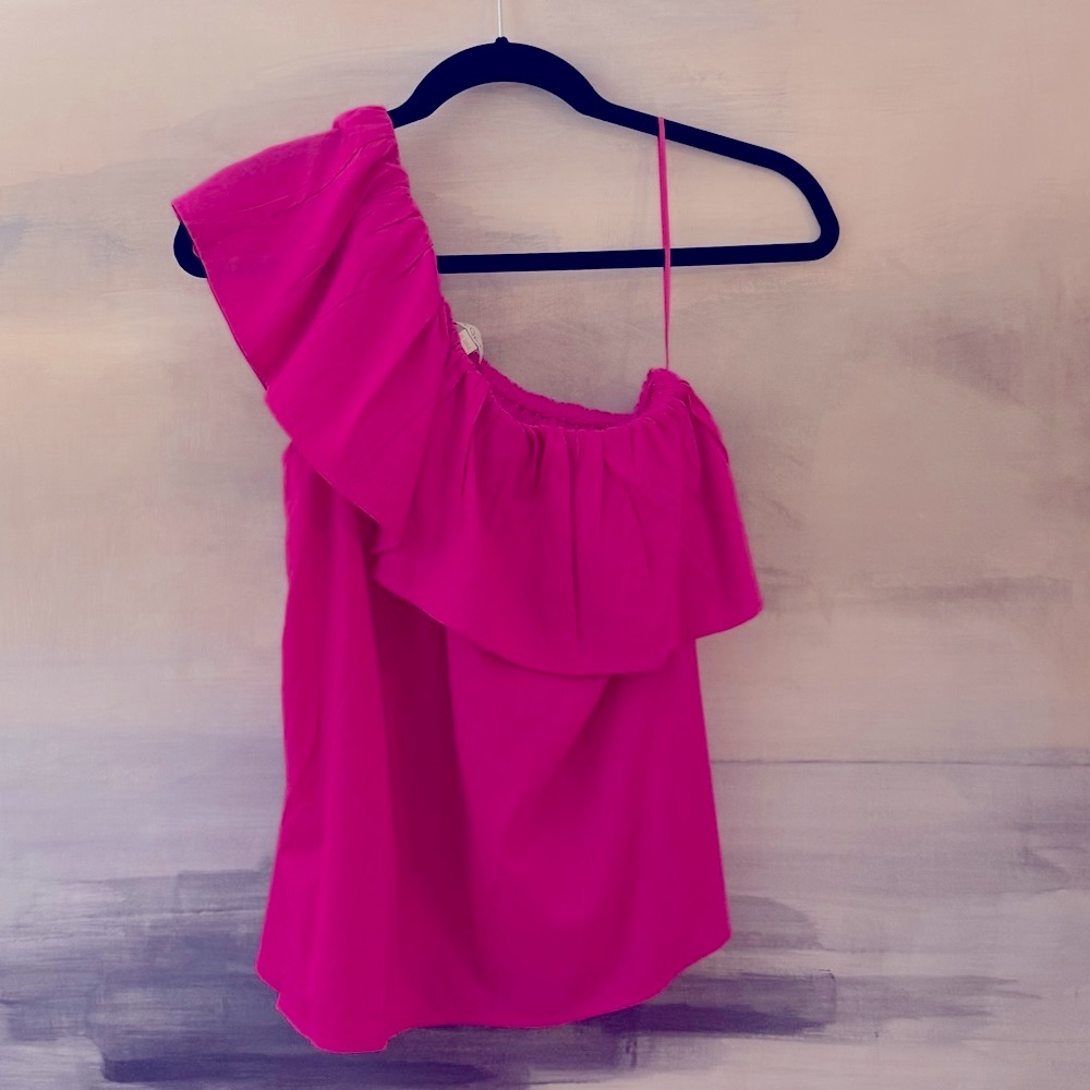 🔖LOFT One Shoulder Pink‎ Ruffle Top - Picture 2 of 4